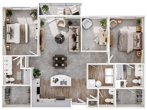 A series of images showing different layouts of a small apartment.